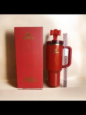 Stanley Red Insulated Tumbler with Bow Lid and Striped Straw